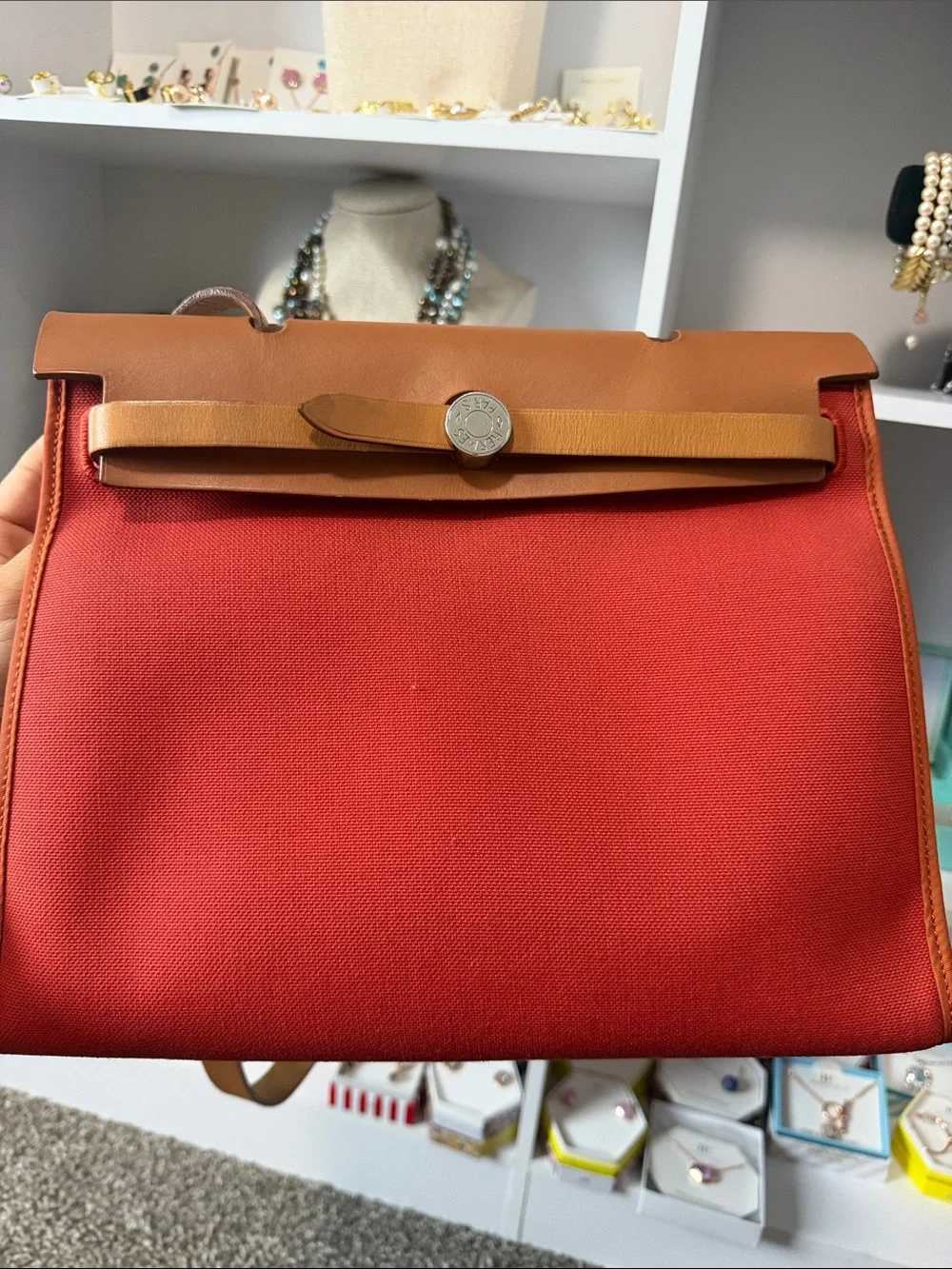 Hermes Red Canvas and Tan Leather Top-Handle Satchel